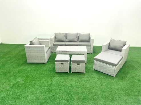 Fimous Rattan Garden Furniture Set 8 Seater Outdoor Garden Sofa Oblong Coffee Table Set with 2 Chairs 3 Stools Side Table Light Grey Mixed