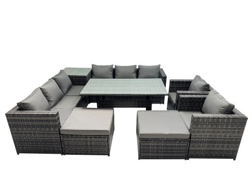 Fimous Outdoor Corner Sofa Chair Dining Table Set Garden Rattan Furniture Set 10 Seater with Side Table 2 Big Stools Dark Grey
