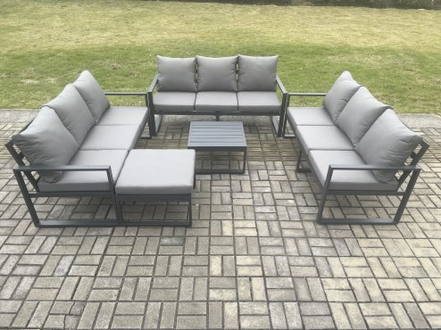 Fimous Aluminium 10 Seater Outdoor Garden Furniture Set Patio Lounge Sofa with Square Coffee Table Big Footstool Conservatory Set Dark Grey
