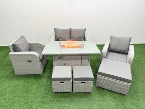 Fimous Light Grey PE Wicker Rattan Garden Furniture Set Sofa Set Reclining Chair Firepit Dining Table 7 Seater 3 Stools