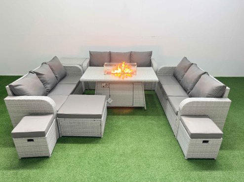 Fimous PE Rattan Lounge Sofa Set 12 Seater Outdoor Garden Furniture Set with Firepit Dining Table 3 Seater Sofa 3 Stools Side Table Light Grey