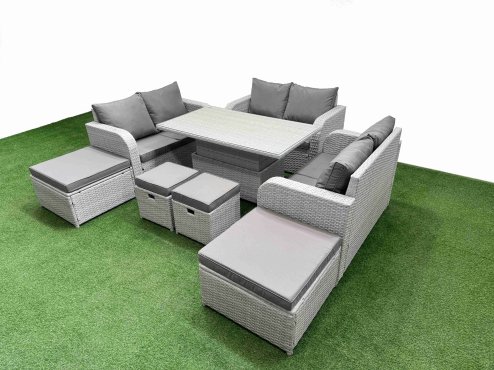 Fimous 8 PCs Rising Dining Table Set Inclining Love Sofa Seat 2 Big Footstool 2 Small Stool Light Grey