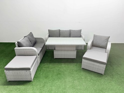 Fimous Patio PE Wicker 8 Seater Outdoor Rattan Furniture Sofa Sets with Adjustable Lifting Dining or Coffee Table Reclining Chair Loveseat Sofa 3 Seater Sofa 2 Big Footstools Light Grey