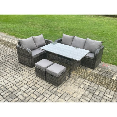 Fimous Outdoor Garden Patio Furniture Wicker Rattan Oblong Rectangular Dining Table and Lounge Sofa set with 2 Small Footstools Dark Grey Mixed
