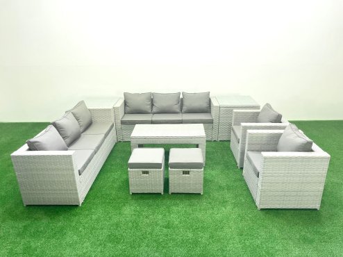 Fimous Outdoor Garden Furniture Rattan Sofa Set with 2 Armchairs Oblong Coffee Table 2 Small Footstools 2 Side Tables Light Grey Mixed