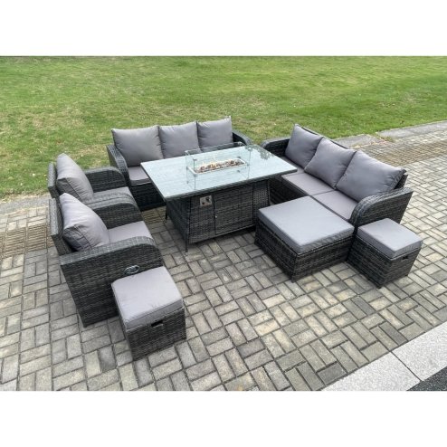 Fimous Wicker PE Rattan Garden Furniture Set Gas Fire Pit Dining Table Indoor Outdoor with Chair Loveseat Sofa 3 Footstools