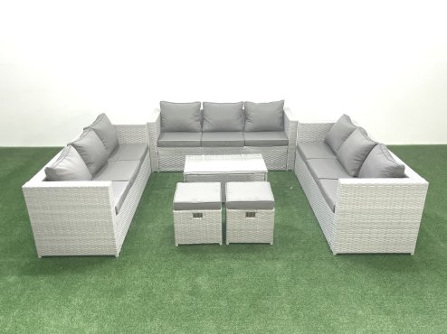 Fimous Rattan Garden Outdoor Furniture Set 11 Seater Garden Sofa Coffee Table Set with 2 Small Footstool Light Grey Mixed