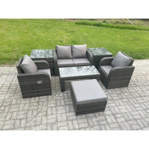Fimous Rattan Lounge Sofa Set 7 PCS Outdoor Garden Furniture Set with Rectangular Coffee Table Love Sofa 2 Side Tables Big Footstool Dark Grey Mixed