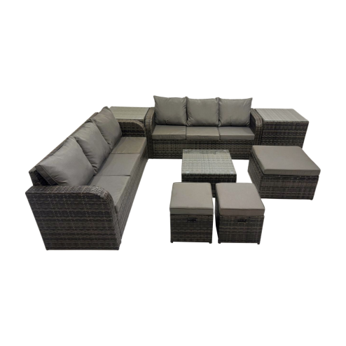 Fimous Rattan Garden Outdoor Furniture Set 3 Seater Sofa Square Coffee Table Set with 2 Side Tables 3 Stools Dark Grey Mixed