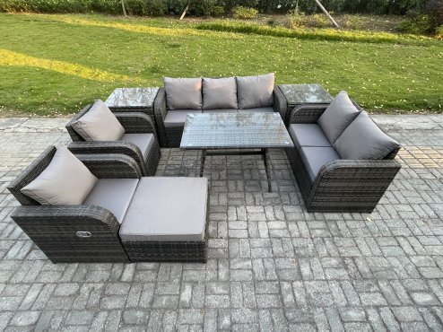 Fimous 8 Seater High Back PE Rattan Sofa Set Outdoor Garden Furniture Dining Table Set With Reclining Chair 3 Seater Sofa Love Sofa 2 Side Tables Big Footstool