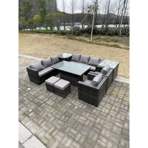 Fimous 9 Seater?Outdoor Rattan Garden Furniture Set Adjustable Rising Lifting Dining Table With Side Table Chairs Stools Dark Grey Mixed