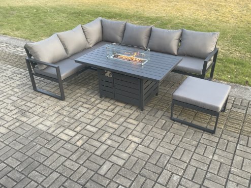 Fimous Aluminium Outdoor Garden Furniture Corner Sofa Gas Fire Pit Dining Table Sets Gas Heater Burner with Big Footstool Dark Grey 7 Seater