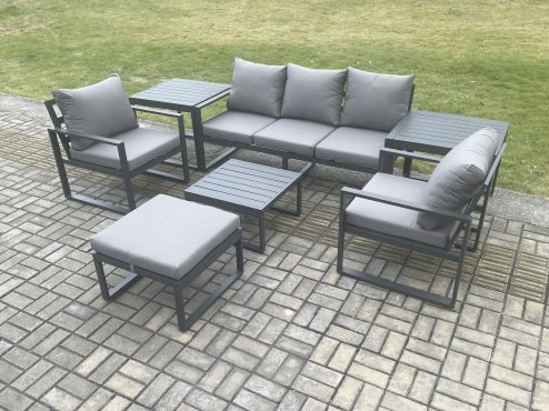 Fimous Aluminium 6 Seater Outdoor Lounge Sofa Set Garden Furniture Sets with Square Coffee Table Chair Big Footstool 2 Side Tables Dark Grey