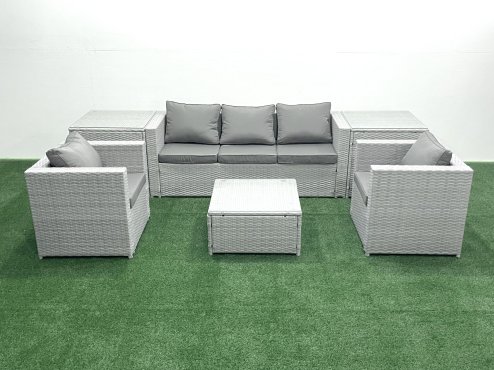 Fimous 5 Seater Rattan Garden Furniture Set with 3 Seater Sofa 2 Chair Square Coffee Table 2 Side Tables Light Grey Mixed