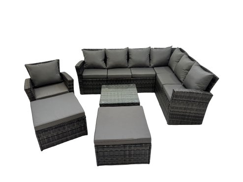 Fimous Rattan Garden Outdoor Furniture Set 9 Seater Garden Sofa Coffee Table Sets with Chair 2 Big Footstools Dark Grey Mixed