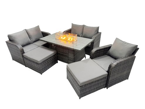 Fimous 7-seater Patio Gas Firpit Dining Table Sofa Sets Rattan Garden Furniture Dining Set with 2 Big Stools Dark Grey Mixed