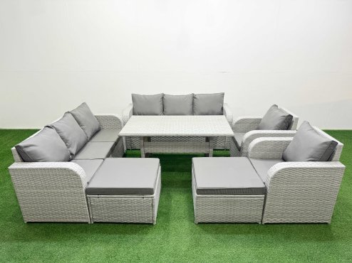 Fimous PE Rattan High Back Lounge Sofa Set Patio Rectangular Dining Table & Chairs Set with 3 Seater Sofa Reclining Chair 2 Big Footstool Light Grey