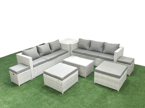 Fimous 8 Pieces Rattan Garden Furniture Set Outdoor Garden Sofa Coffee Table Set with Side Table 4 Footstools Light Grey Mixed