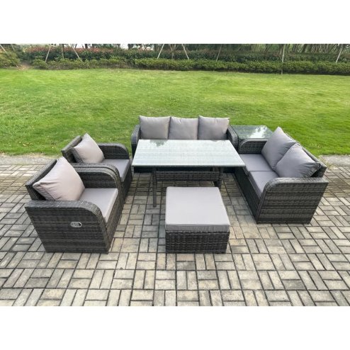 Fimous Dark Grey PE Wicker Rattan Garden Furniture Set Reclining Chair Love Sofa 2 Seater Sofa Set Outdoor Rectangular Dining Table Big Stools Side Table 8 Seater