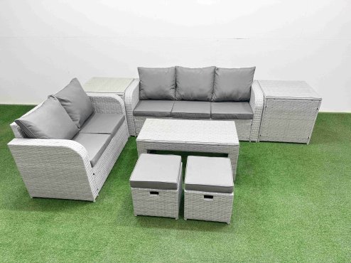 Fimous 7 Seater PE Rattan Wicker Garden Furniture Patio Conservatory Sofa Set with Oblong Coffee Table 3 Seater Sofa Love Sofa 2 Stools 2 Side Table