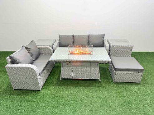 Fimous 6 Seater PE Rattan Wicker Garden Furniture Patio Conservatory Sofa Set with Firepit Dining Table 3 Seater Sofa Love Sofa Big Footstool 2 Side Table