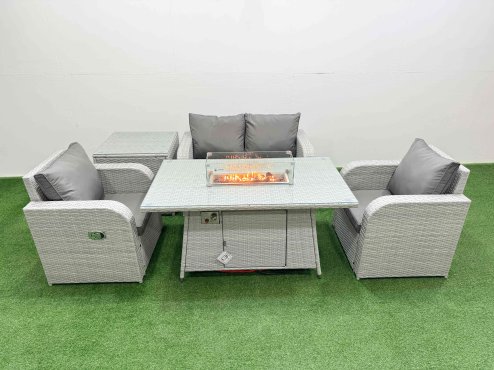 Fimous Light Grey PE Wicker Rattan Garden Furniture Set Sofa Set Reclining Chair Firepit Dining Table 4 Seater With Side Table