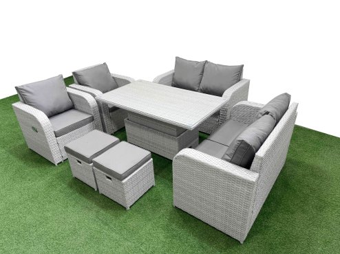 Fimous 8 Seater Outdoor Reclining Chair Love Sofa Set Rattan Garden Furniture Set with Adjustable Lifting Dining or Coffee Table 2 Stools Light Grey