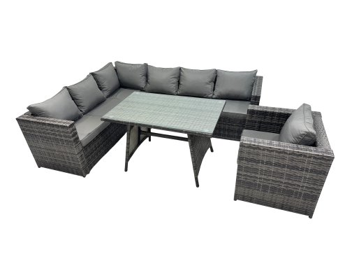 Fimous 7-seater Outdoor PE Rattan Sofa Set with Dining Table Patio Garden Furniture Sets with Chair Dark Grey Mixed