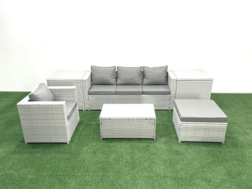 Fimous 6 Pieces Rattan Garden Furniture Set Outdoor Garden Sofa Chair Coffee Table Set with 2 Side Tables Big Footstool Light Grey Mixed