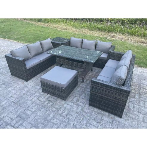Fimous 10 Seater Outdoor Wicker Garden Furniture Rattan Lounge Sofa Set Patio Rectangular Dining Table with Big Footstool Side Table Dark Grey Mixed