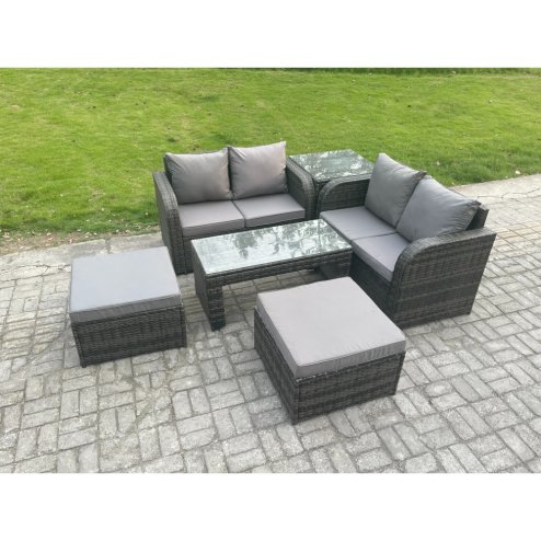 Fimous Rattan Wicker Garden Furniture Patio Conservatory Sofa Set with Rectangular Coffee Table Reclining Chair Love Sofa 2 Big Footstool Side Table