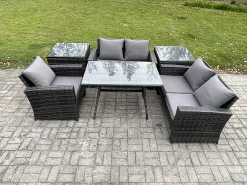 Fimous Wicker PE Rattan Garden Dining Set Outdoor Furniture Sofa with Rectangular Dining Table Love Seat Sofa 2 Side Tables Dark Grey Mixed