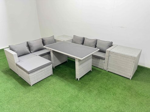 Fimous Rattan Garden Furniture Dining Set 7-seater Patio Rectangular Table Sofa Set with 2 Side Tables Big Stool Light Grey