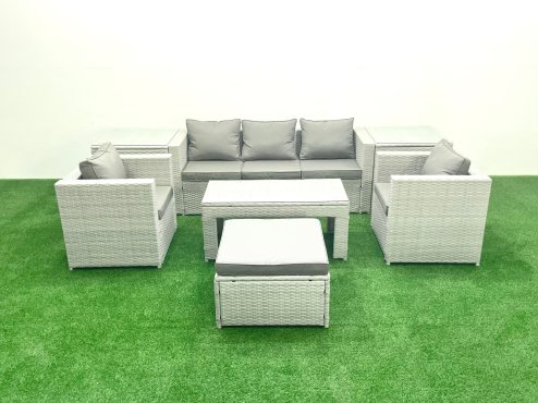 Fimous Rattan Garden Furniture Set 7 Pieces Outdoor Garden Sofa Oblong Coffee Table Set with 2 Chairs 2 Side Tabes Stool Light Grey Mixed