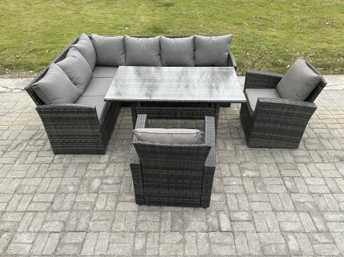 Fimous 8 Seater Outdoor Rattan Garden Furniture Set with Rectangular Dining Table 2 Armchairs Patio Wicker Corner Sofa Set Dark Grey Mixed