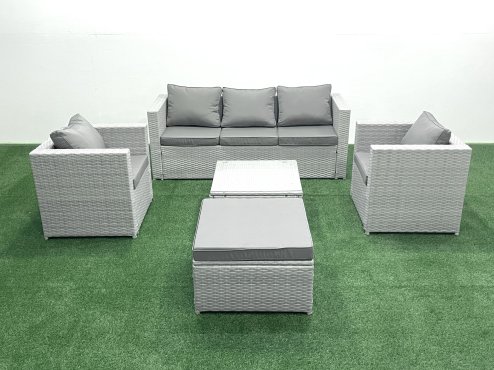 Fimous 6 Seater Rattan Garden Furniture Set with 3 Seater Sofa 2 Chair Square Coffee Table Big Footstool Light Grey Mixed