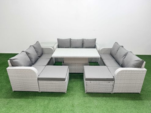 Fimous PE Rattan Lounge Sofa Set 11 Seater Outdoor Garden Furniture Set with Adjustable Lifting Dining or Coffee Table 3 Seater Sofa 2 Big Footstools Side Table Light Grey