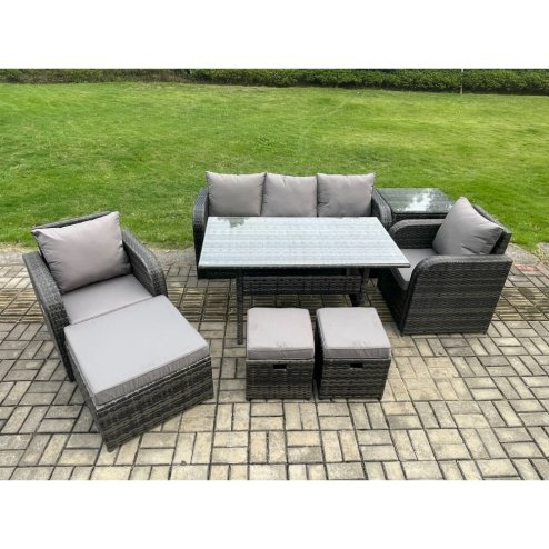 Fimous 8 Pcs Rattan Outdoor Garden Furniture Set Rectangular Dining Table and Chair Sofa Set With Side Table 3 Footstools Dark Grey Mixed