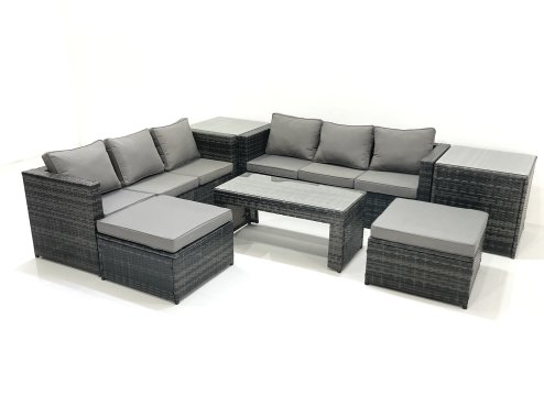 Fimous Garden Outdoor Rattan Furniture Set with Sofa Coffee table 2 Big Footstools 2 Side Tables Dark Grey Mixed
