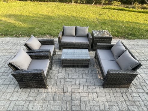 Fimous Garden Furniture Sets 6 Pieces Outdoor Rattan Furniture Manual Wicker Patio Sofa Chair Set with Coffee Table Side Table Dark Grey Mixed