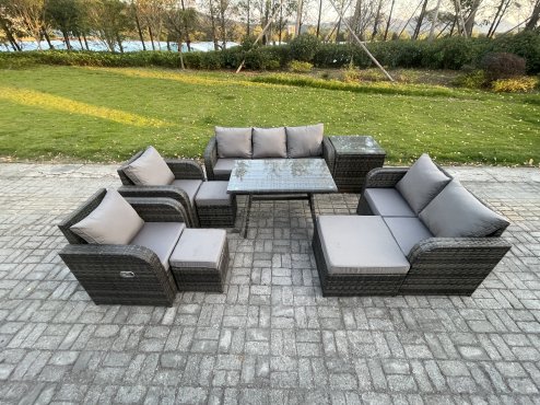 Fimous Outdoor Rattan Garden Furniture Set 10 Seater Patio Lounge Sofa Set with Dining Table 3 Footstools Side Table Dark Grey Mixed