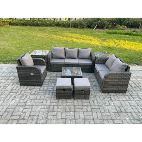 Fimous Indoor Outdoor Rattan Garden Furniture 8 Seater Set Table Sofa Chair Patio Conservatory with Grey Cushions 2 Side Tables 2 Small Footstools