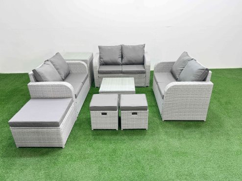 Fimous 9 Seater PE Wicker Rattan Furniture Sofa Sets with Square Coffee Table 2 Seater Love Sofa 3 Stool Side Table Light Grey