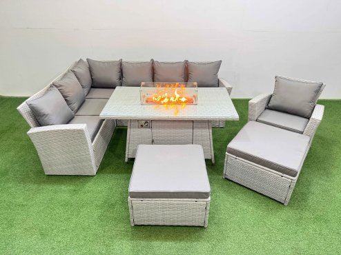 Fimous Rattan Corner Sofa Chair Set Outdoor Furniture Garden Dining Sets Gas Fire Pit Table with Temper Glass 2 Big Footstools Light Grey Mixed