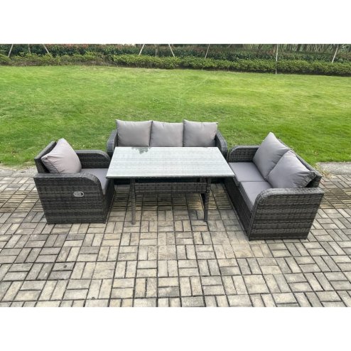 Fimous 6 Seater Garden Rattan Furniture Dining Table Sofa Set Indoor Outdoor with Reclining Chairs Dark Grey Mixed