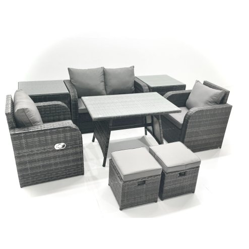 Fimous Outdoor Garden Furniture Set Rattan Sofa Dining Table Set with Reclining Chair 2 Small Footstool 2 Side Table Dark Grey Mixed