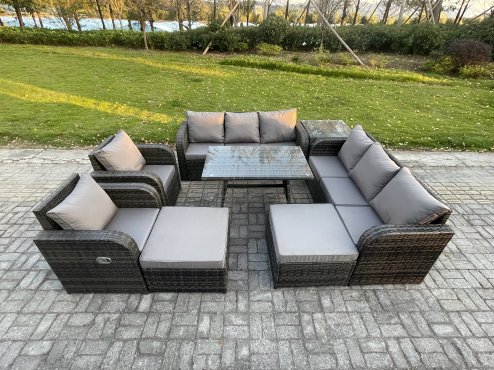Fimous Outdoor Lounge Sofa Set Wicker PE Rattan Garden Furniture Set with Rectangular Dining Table Side Table 2 Big Footstool Dark Grey Mixed