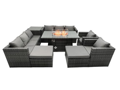 Fimous Rattan Garden Furniture Firepit Dining Set 10 Seater Lounge Sofa Table Set with side table 2 big Footstool