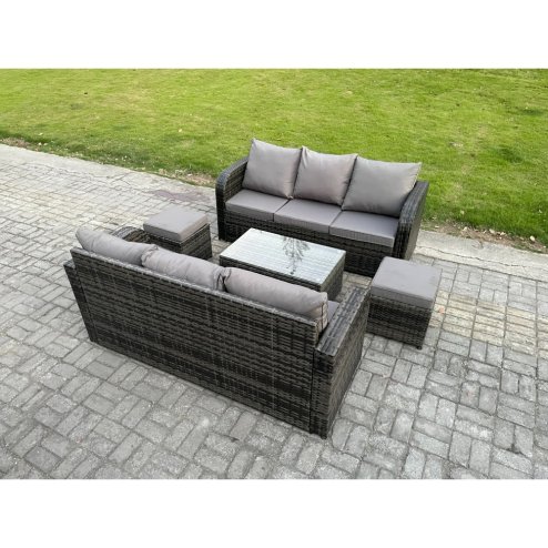 Fimous Outdoor Garden Furniture Sets 8 Seater Wicker Rattan Furniture Sofa Sets with Rectangular Coffee Table 3 Seater Sofa 2 Small Footstools Dark Grey Mixed
