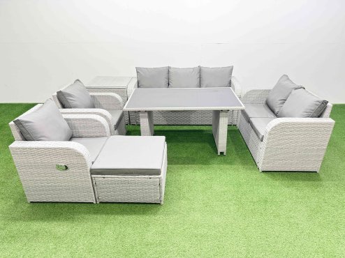 Fimous 8 Seater Garden Furniture Set PE Ratten Garden Sofa Set with Rectangular Dining Table Big Stool Side Table Light Grey